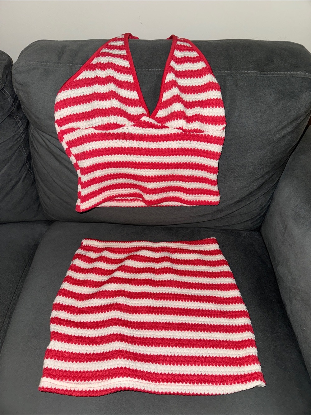 SHEIN Red & White Striped Knit Halter Tank Top